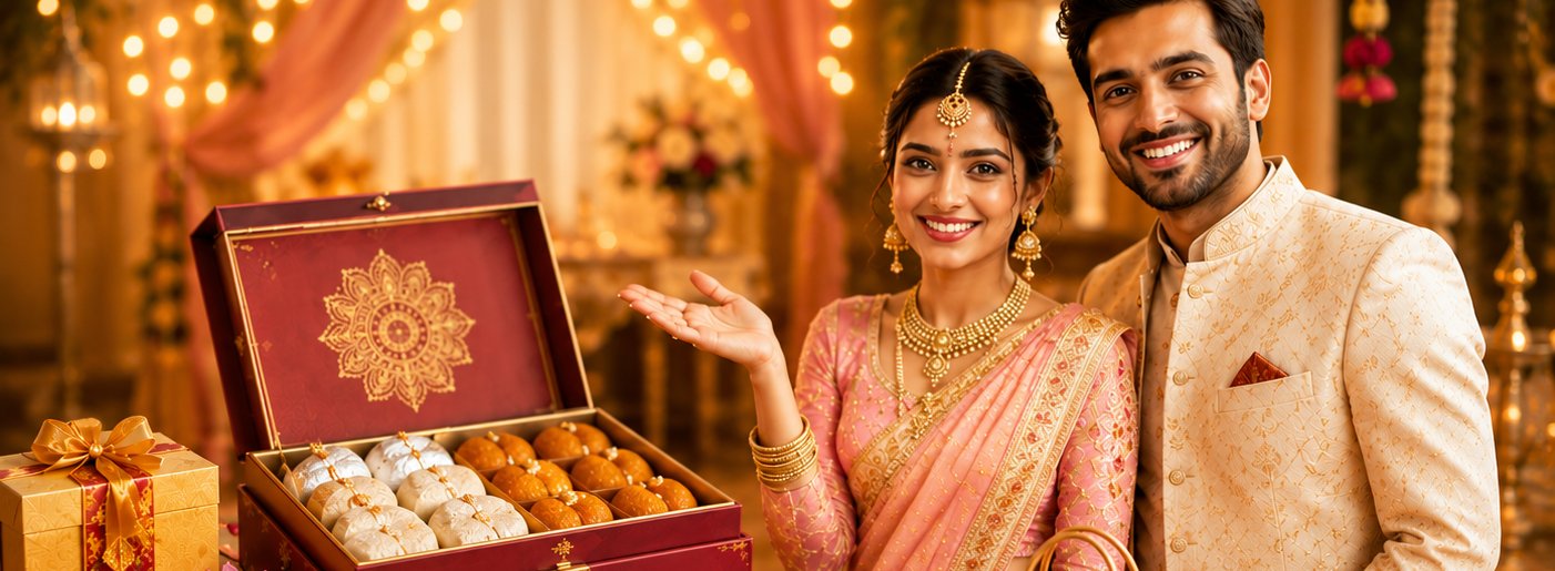 Newlywed couple presenting a Makhanbhog Sweets gift box